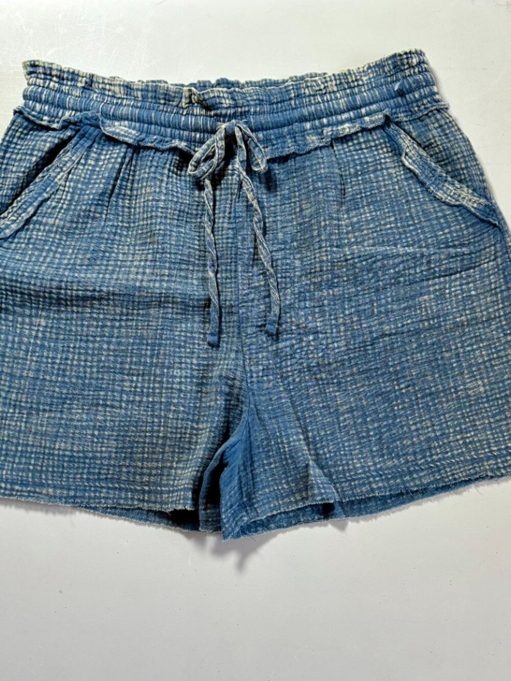 Zenana Double Gauze Frayed Hem Drawstring Waist Shorts - Blue Mineral Wash